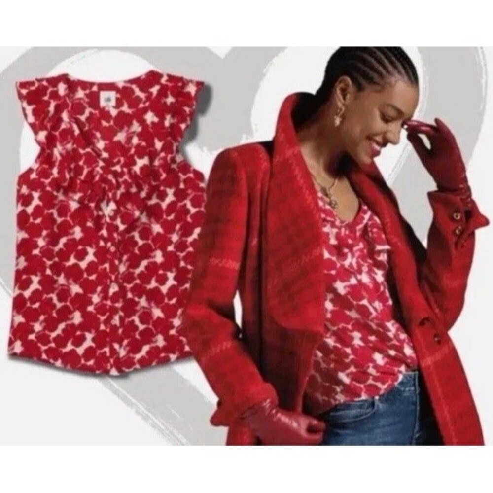 Cabi  Women’s Rosy Top  Blouse white with red rose pattern Red   Sz L